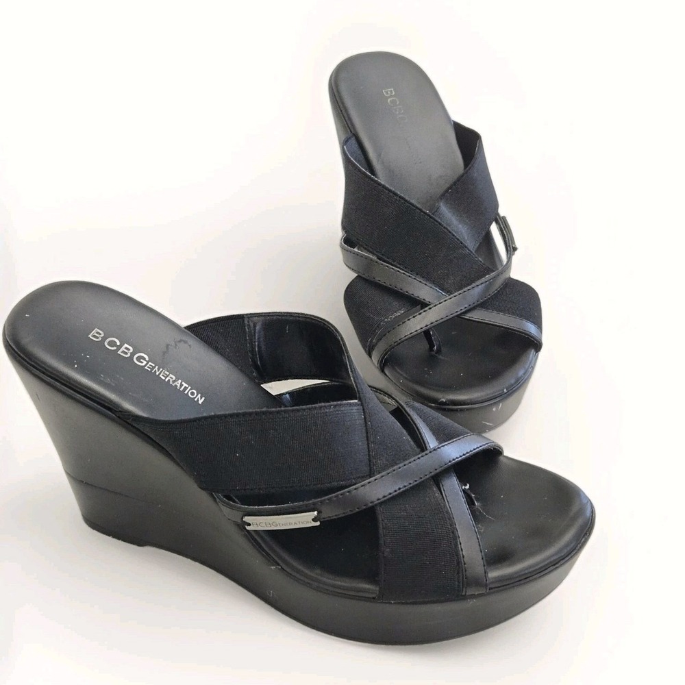BGB Generation Quest Wedge Chunky Sandals Black Sz 7M Platform Strappy Open Toe